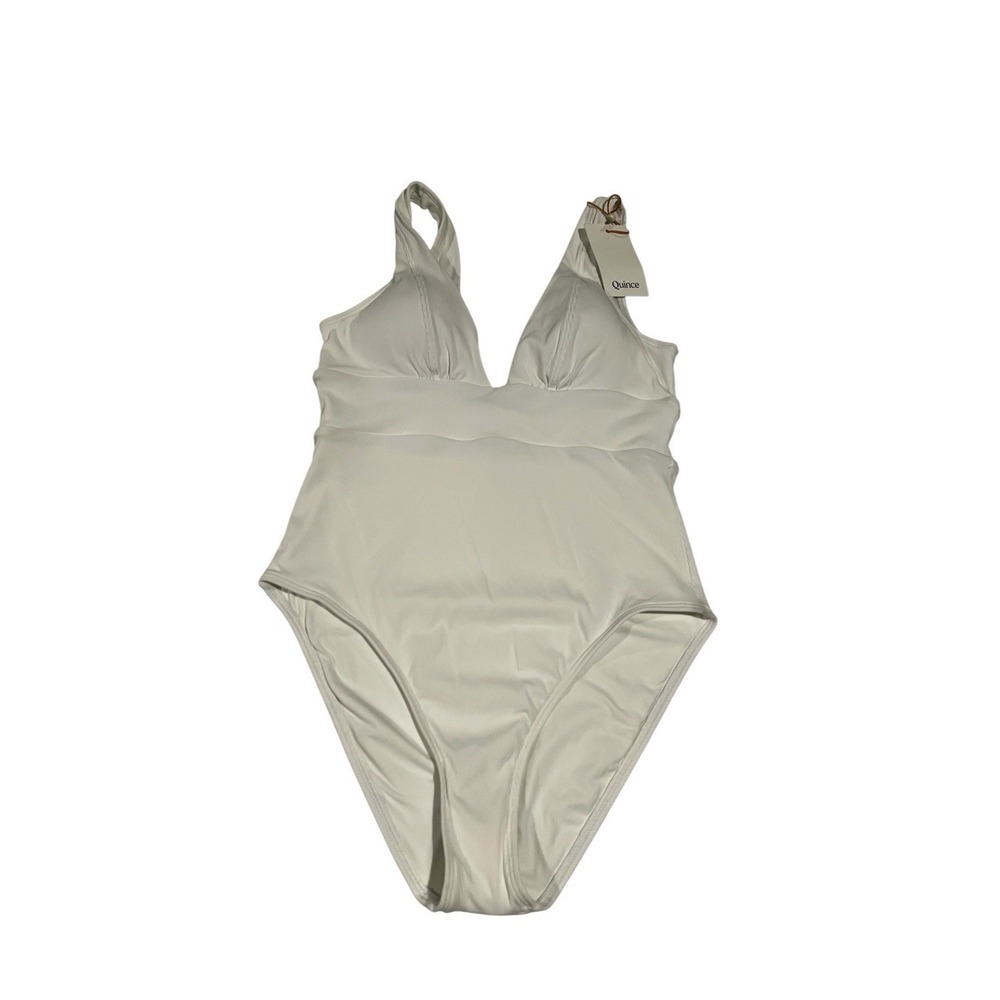 Quince Italian Plunge One Piece Swimsuit Women's Size S White Quiet Luxury NWT